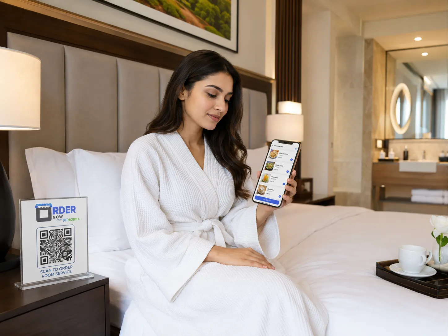 Hotel guest scanning an OrderNow code for room service ordering