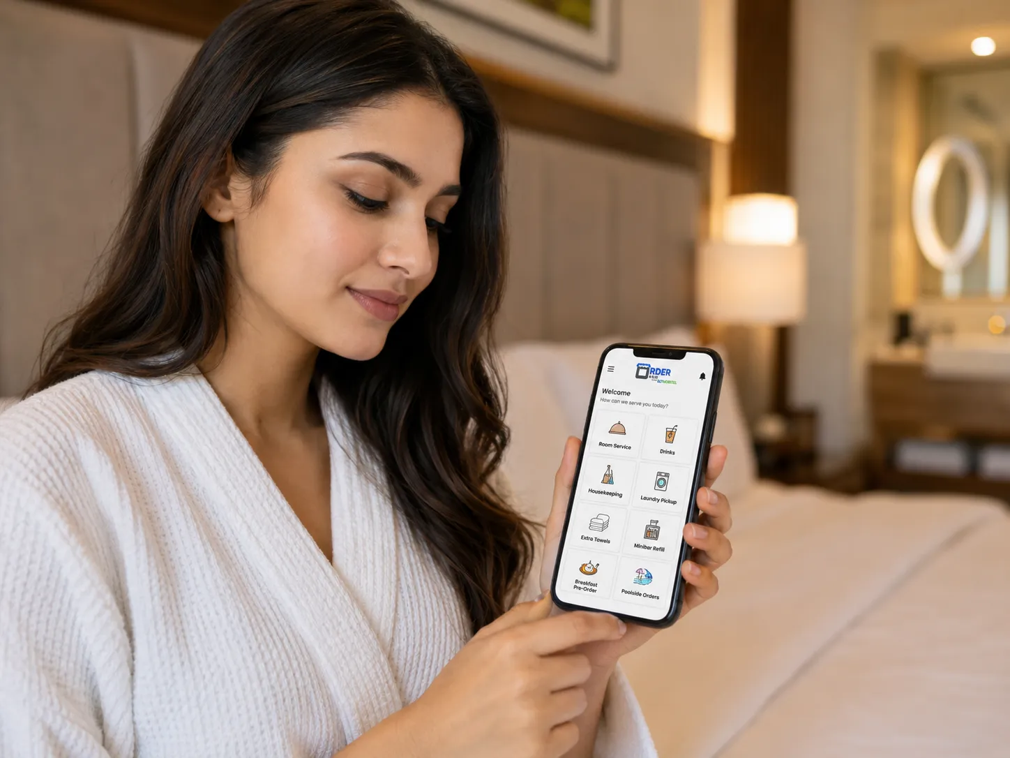 Hotel guest using OrderNow mobile menu for room service housekeeping laundry and poolside orders
