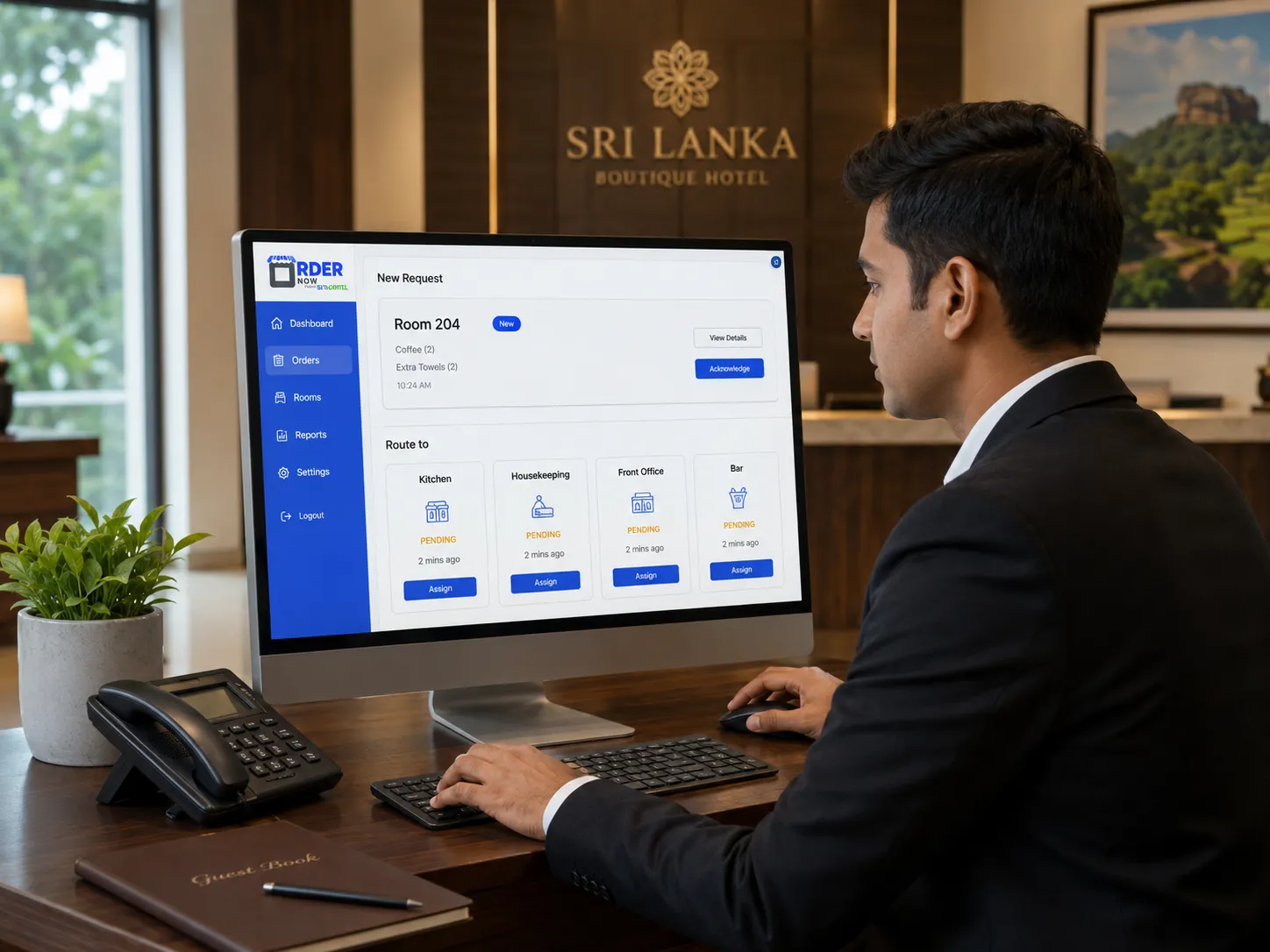 Hotel manager using OrderNow dashboard to route room service and guest requests