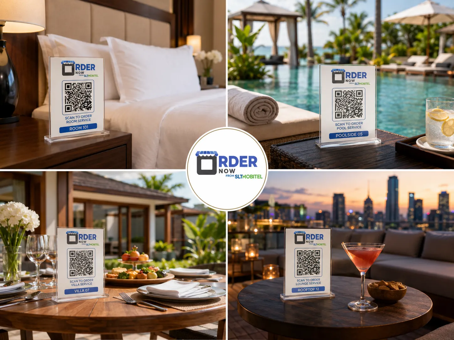 OrderNow QR code stands placed in hotel rooms poolside villas and rooftop lounges