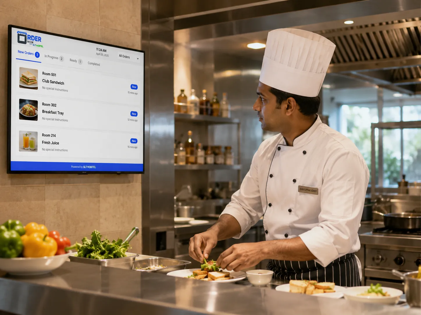 Hotel chef viewing room service orders on OrderNow kitchen display system