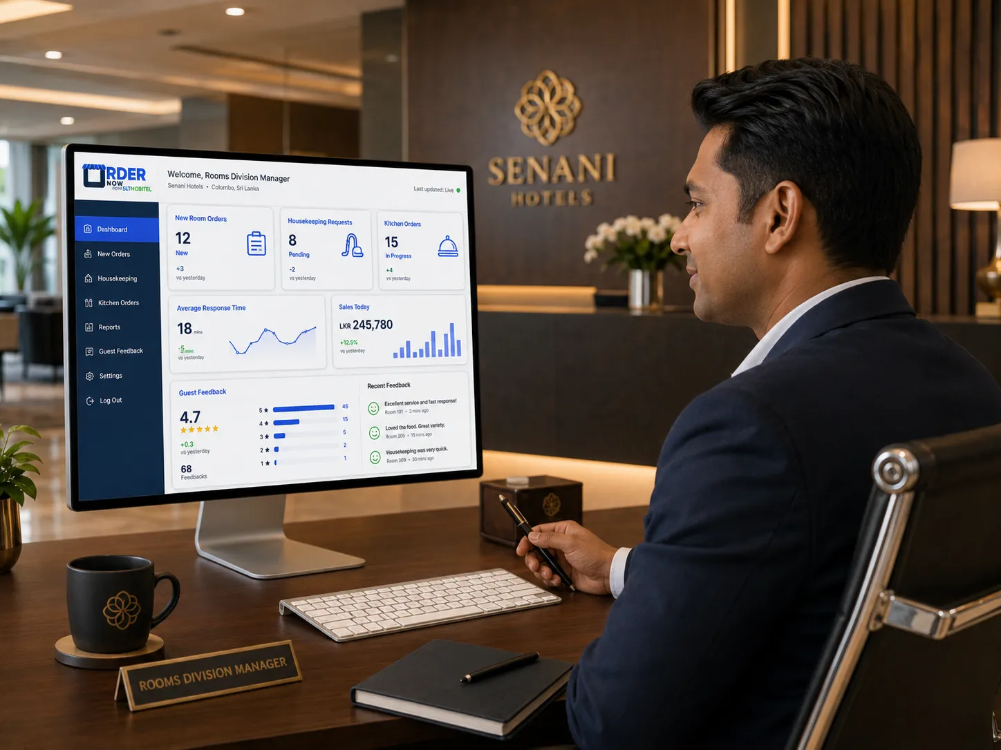 Hotel manager viewing OrderNow room ordering dashboard with orders reports and guest feedback