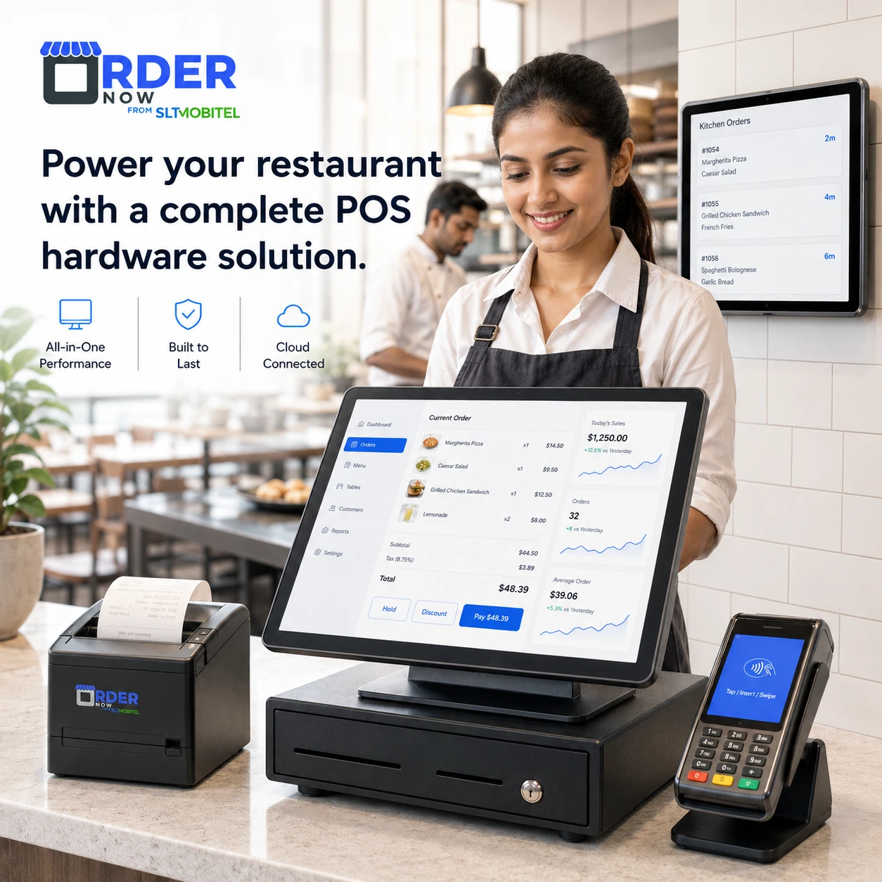 OrderNow restaurant POS system with cash drawer receipt printer and kitchen display