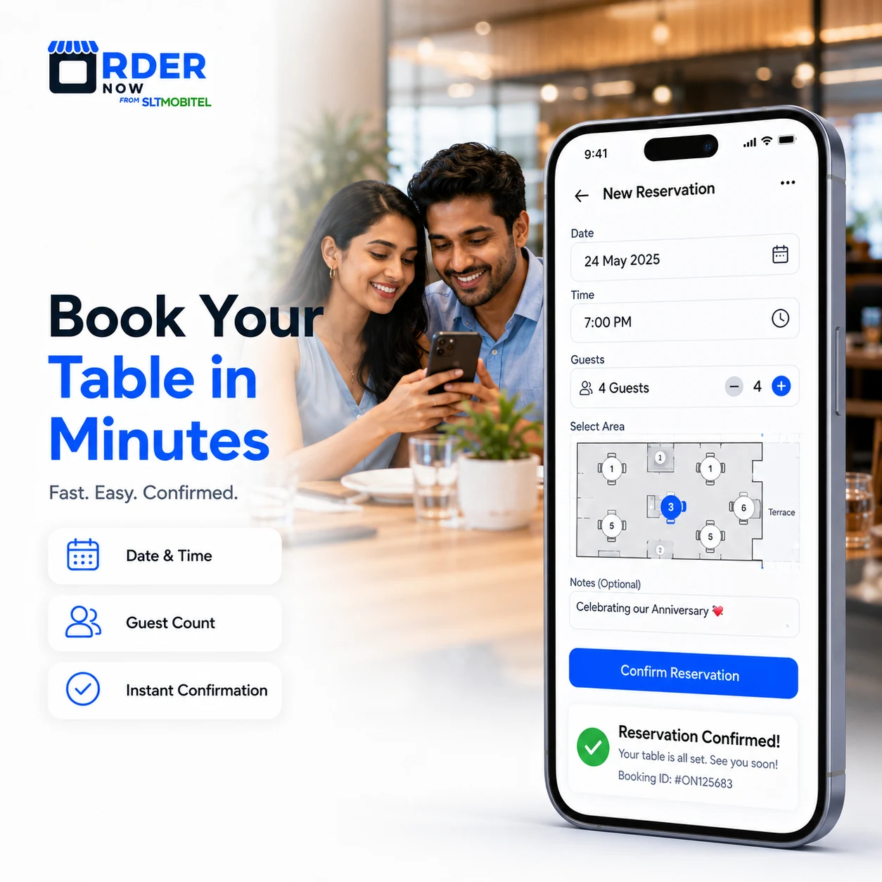 Guest booking a restaurant table online with OrderNow