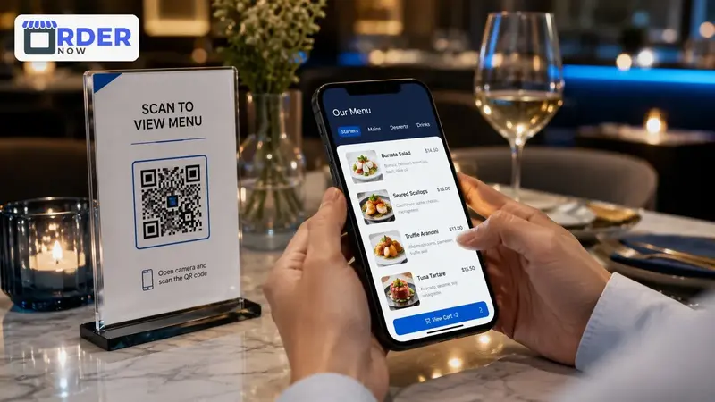 A mobile-first digital QR menu presents current restaurant information in a format designed for easy browsing